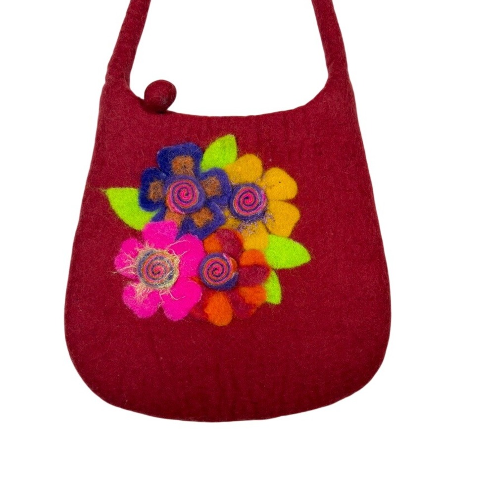 Handmade Nepal Felt Wool Floral Shoulder Bag Red Boho Artisan‎ Purse Zip Top